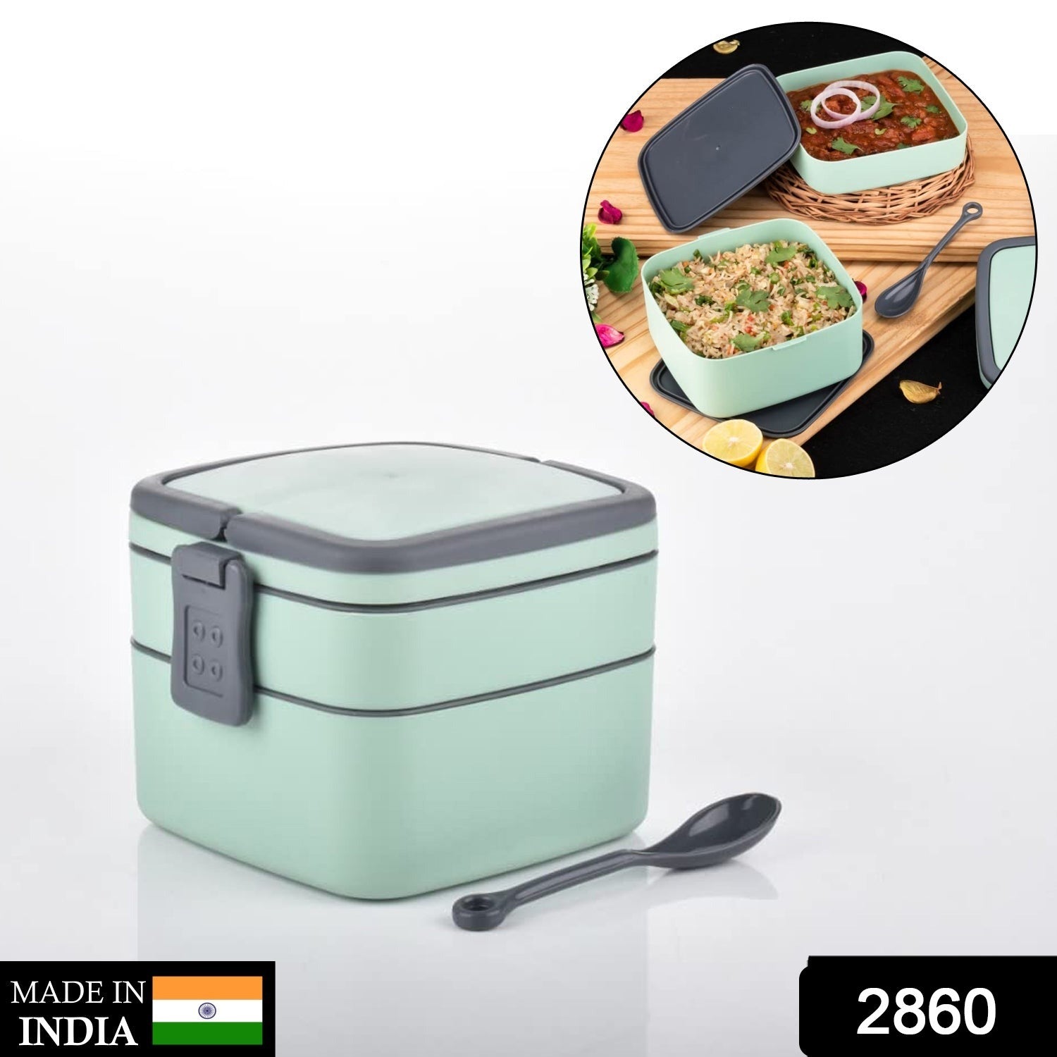 Green Double-Layer Portable Lunch Box – Stackable with Handle & Spoon (2 Compartments)
