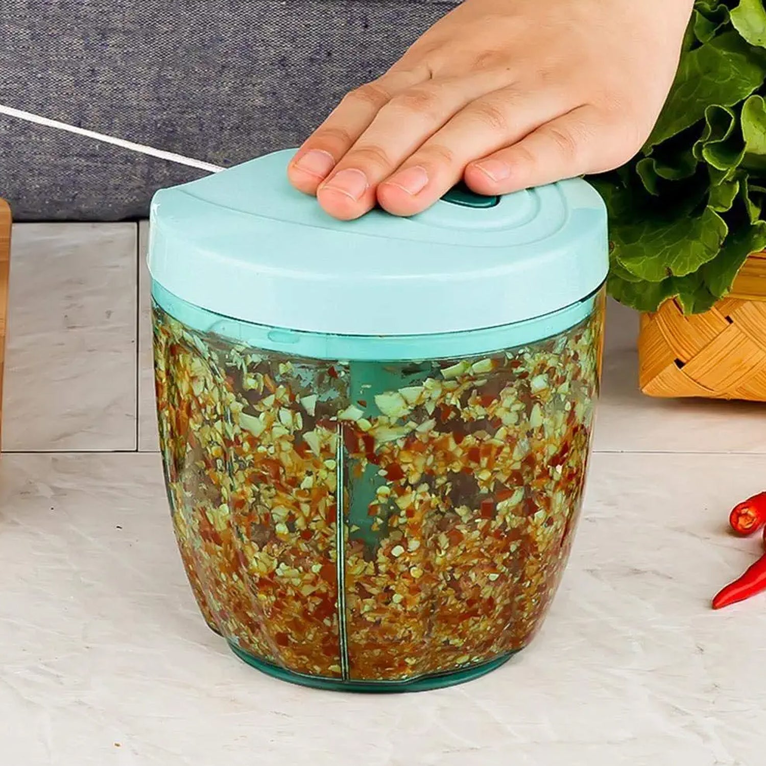 2 in 1 Manual Food Chopper – 6 Blade Handheld Vegetable Cutter (1000ml)