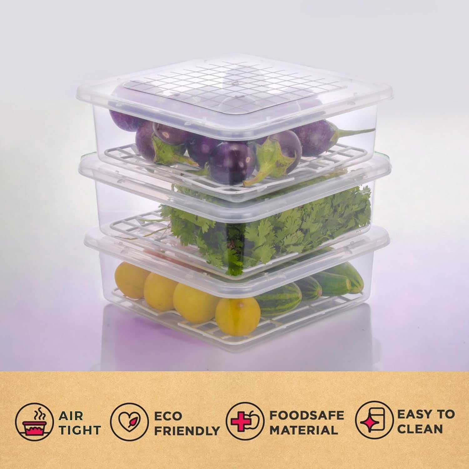 Plastic Food Storage Containers – Stackable Fridge Organizer with Drain Tray & Lid (3 Pc Set)