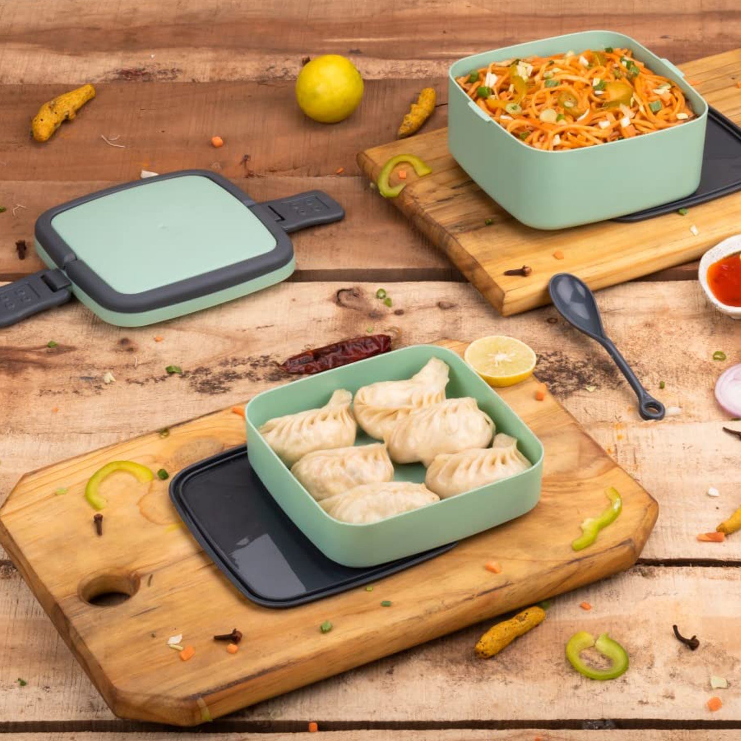 Green Double-Layer Portable Lunch Box – Stackable with Handle & Spoon (2 Compartments)