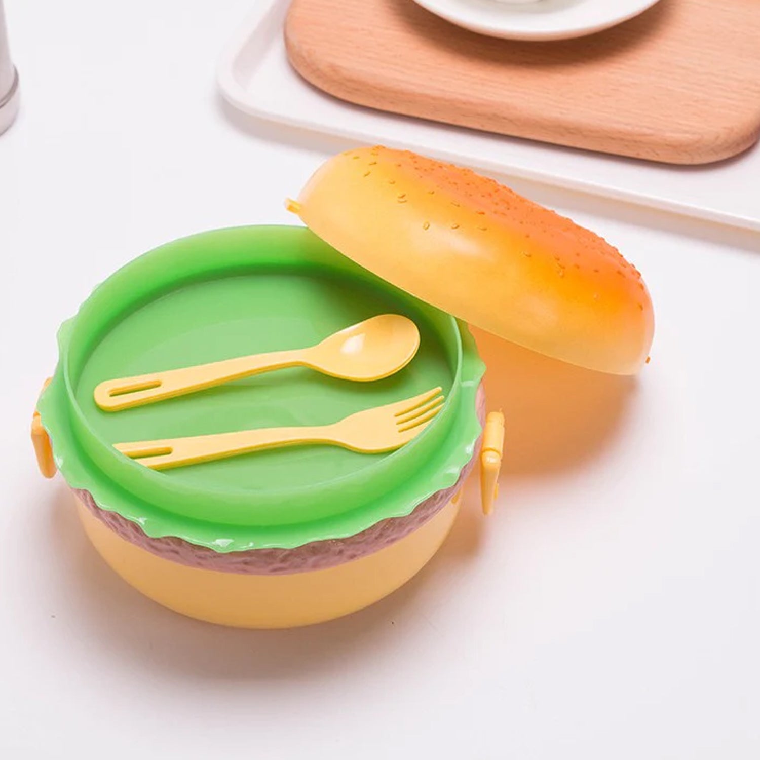 Burger Shape Lunch Box – Double Layer Bento Tiffin with Spoon & Fork (1000ml, BPA-Free for Kids & School)