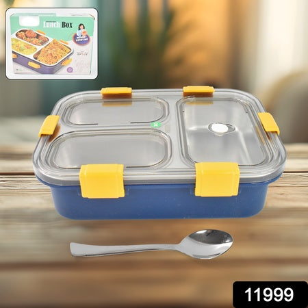3-Compartment Transparent Stainless Steel Lunch Box – Leak-Proof Tiffin for Kids & Adults (Office, School, Travel Use)