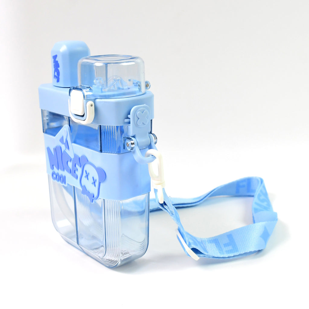 2in1 Dual Compartment Water Bottle with Straw & Shoulder Strap – Multicolor (1 Pc)