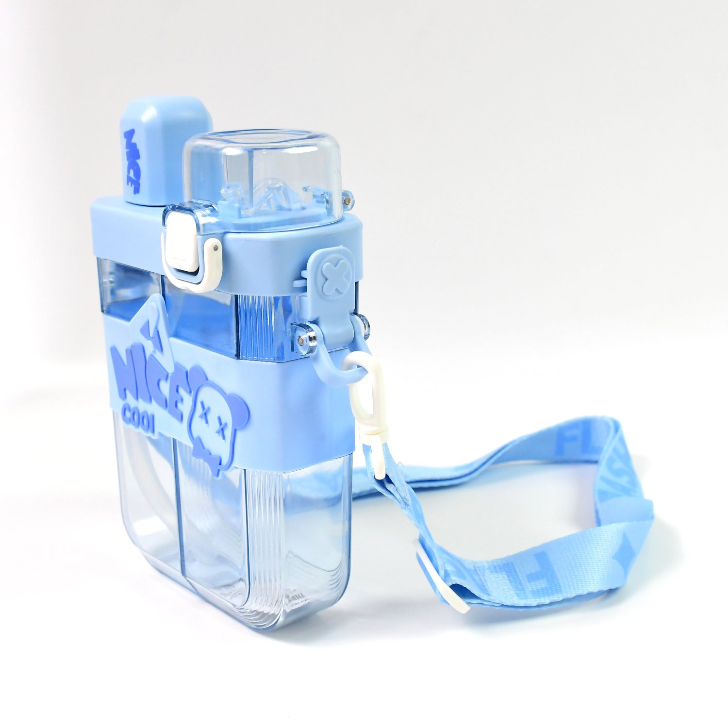 2in1 Dual Compartment Water Bottle with Straw & Shoulder Strap – Multicolor (1 Pc)