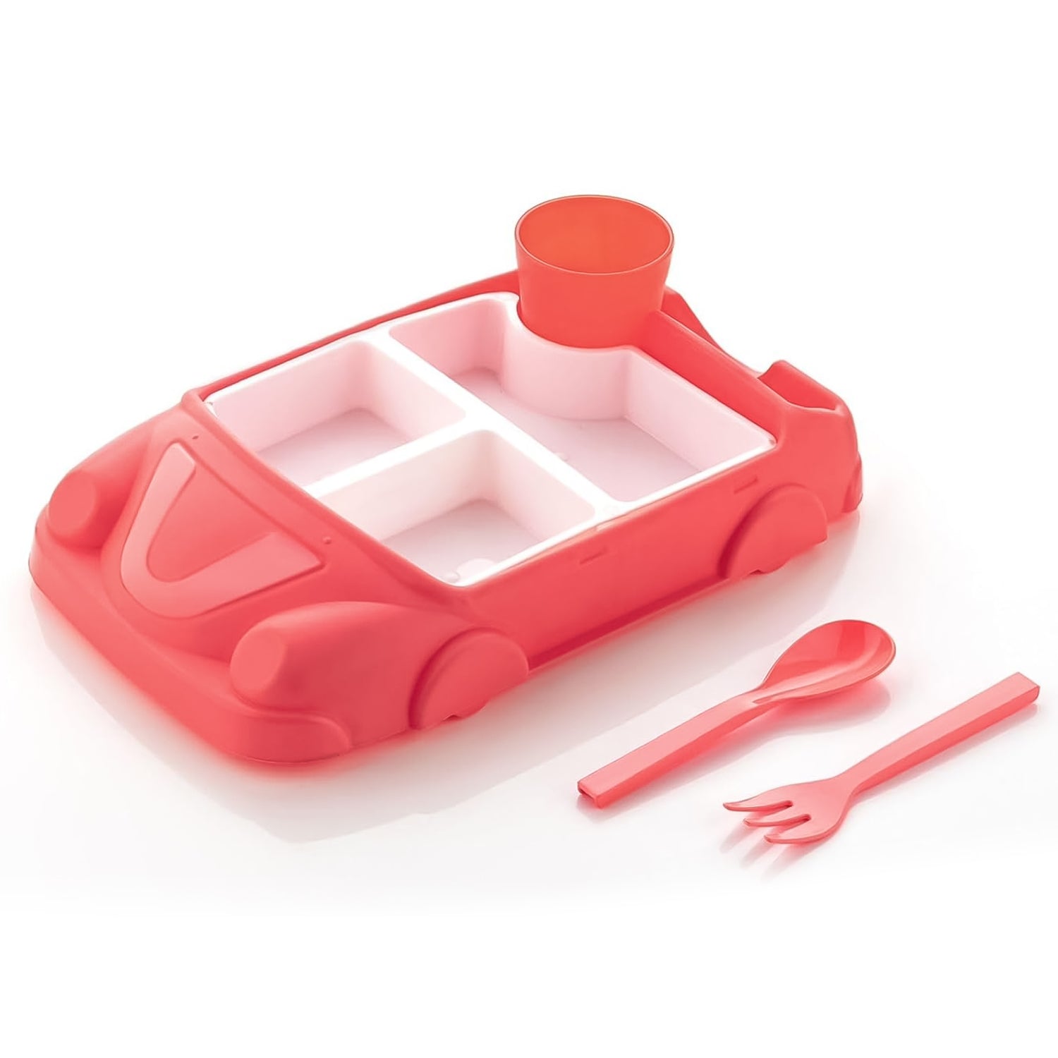 Kid's Car-Shaped Plates Cup & Lunch Box Dinnerware Set – 4 Pc Feeding Tableware with Spoon & Fork | 1000 ML