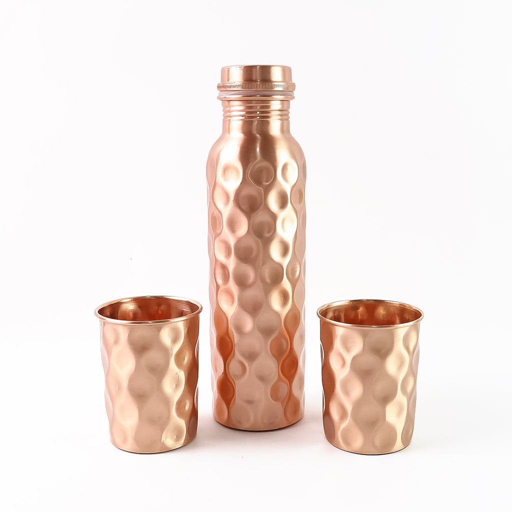 Copper Water Bottle Gift Set – 1000ml Bottle + 2 Glasses with Gift Box & Carry Bag (3 Pc Set, Honeycomb Design)