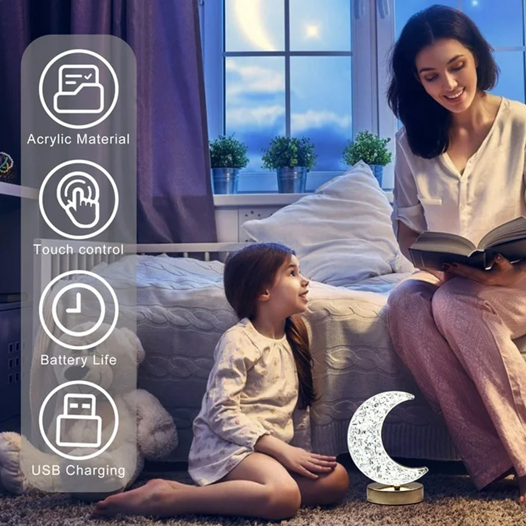 Crystal Table Lamp – Moon Shape Touch Control with 3 Colors & Stepless Dimming (USB Charging)