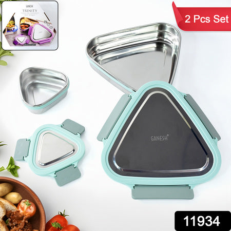 Ganesh Trinity Triangle Lunch Box – 2-Piece Stainless Steel Compact Tiffin with Clip Lock for Office, School & Travel