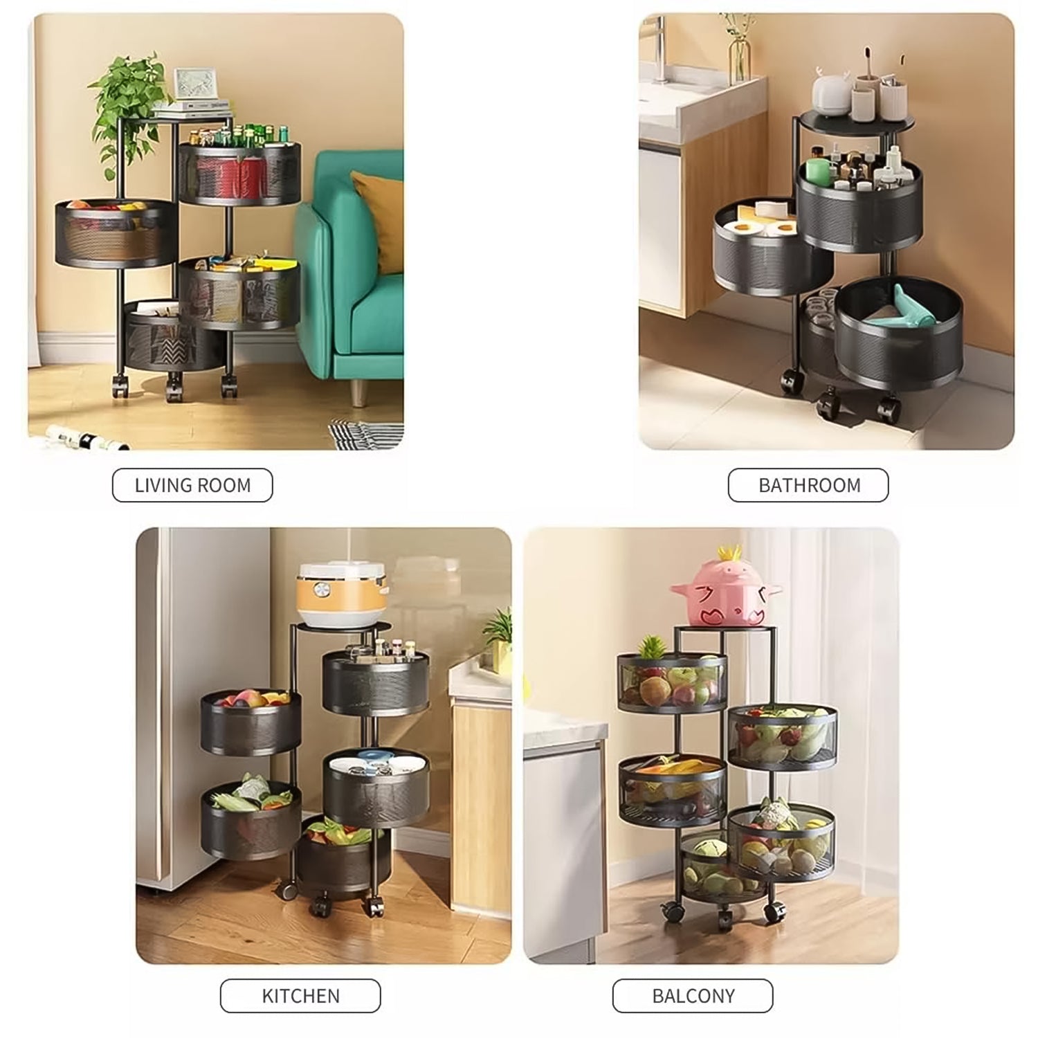 Metal Round High-Quality Kitchen Trolley – 4 Layer Rotating Rack with Wheels