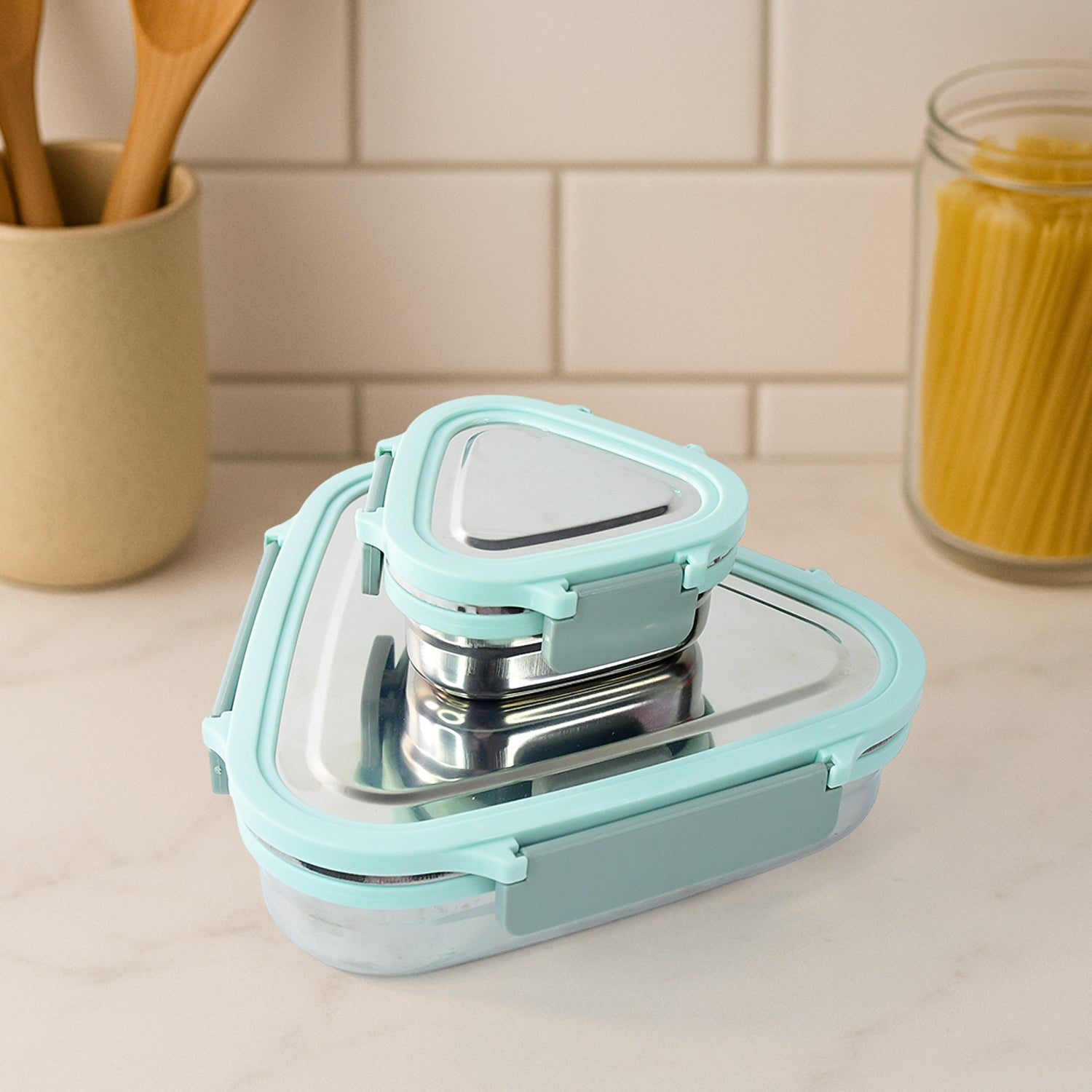 Ganesh Trinity Triangle Lunch Box – 2-Piece Stainless Steel Compact Tiffin with Clip Lock for Office, School & Travel