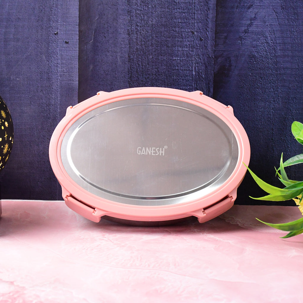 Ganesh Classy 2-Piece Lunch Box – Oval & Triangle Stainless Steel Tiffin with Clip-Lock Lids (Elegant Pink, 800ml + 180ml)