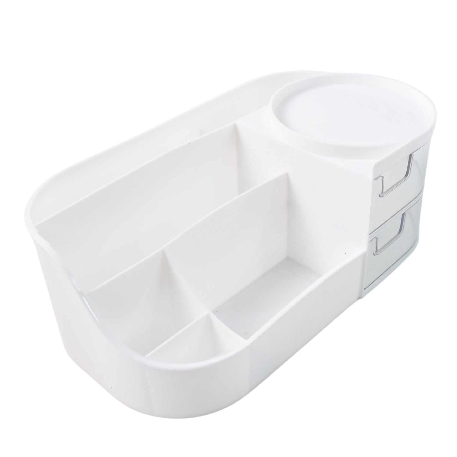 Multi-Functional Plastic Vanity Storage Box with Rotating Tray & Dual Drawers – Makeup & Cosmetic Organizer (Elegant White)