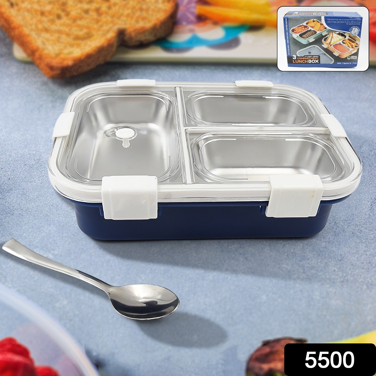 3-Compartment Leak-Proof Stainless Steel Lunch Box for Kids & Office (1 Pc)