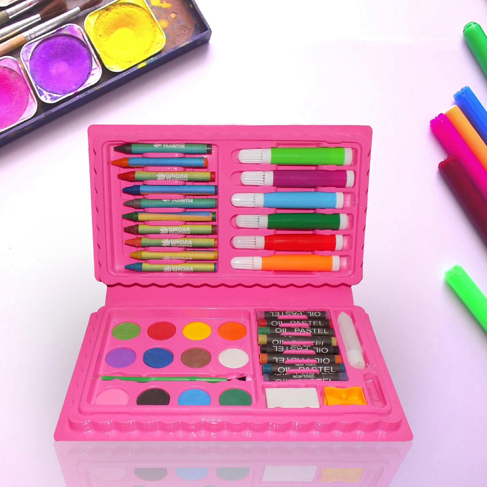 🎨 42-Piece Art & Craft Color Kit for Kids – Crayons, Watercolors, Pens, Oil Pastels in Carry Box