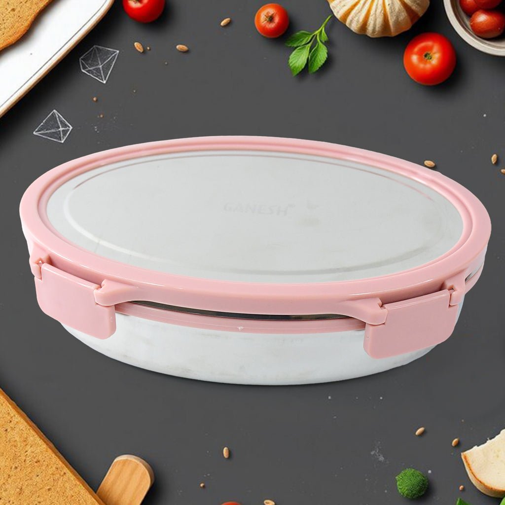 Ganesh Classy 2-Piece Lunch Box – Oval & Triangle Stainless Steel Tiffin with Clip-Lock Lids (Elegant Pink, 800ml + 180ml)