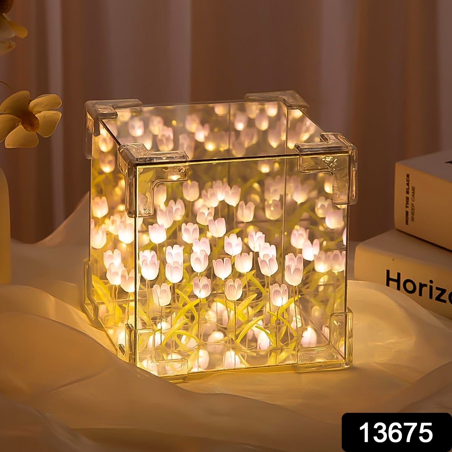Cube Tulip Night Lamp – 2-in-1 Mirror & LED Flower Light (Multicolor | 1 Set)