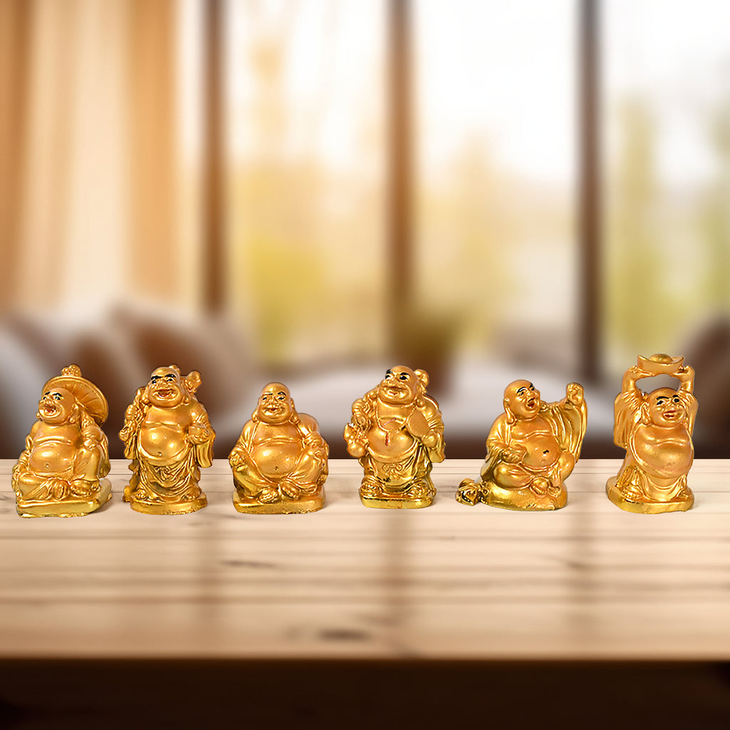 Golden Laughing Buddha Set – A Symbol of Happiness, Wealth & Good Luck (6 Pcs Set)
