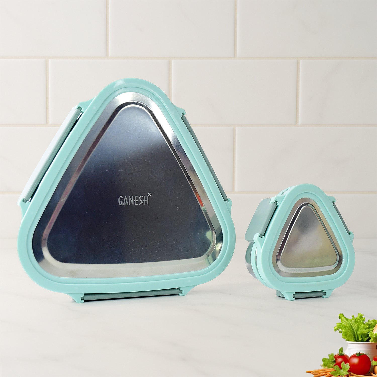 Ganesh Trinity Triangle Lunch Box – 2-Piece Stainless Steel Compact Tiffin with Clip Lock for Office, School & Travel