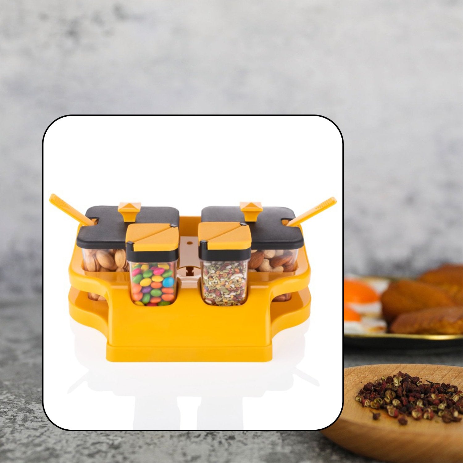 Multipurpose 4-Piece Spice & Achar Jar Set – Transparent Containers with Spoons & Tray Holder